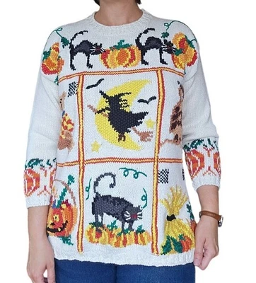 Vintage 90er Halloween Grobstrick Pullover Damen M Katze Hexe Kürbis Eule Teddybär - Bild 1 von 4