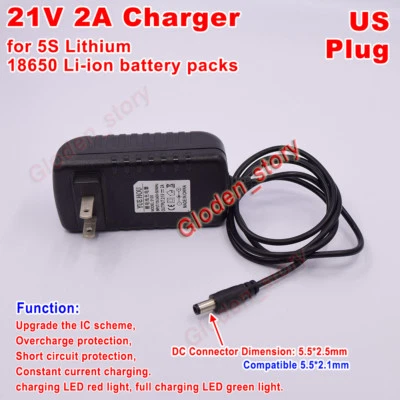 21V 2A AC/DC US Charger Adapter for 5S Lithium Li-ion LiPo 18650 Battery Packs - Image 1 of 3