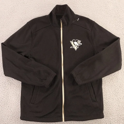 Pittsburgh Penguins Sweater Mens Medium Black NHL Hockey Full Zip Knit Cover