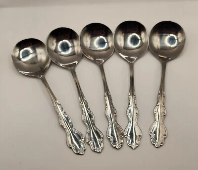 5 Matching Stainless Steel Soup Spoons 18/0 China floral pattern - Image 1 of 4