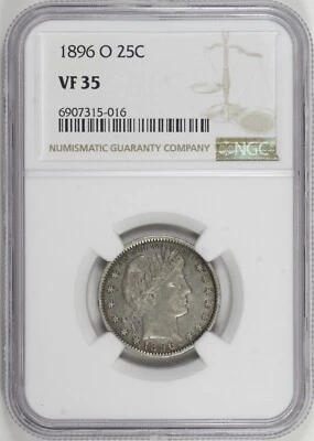 1896-O Barber Quarter 25 NGC VF35, Tough Date New Orleans Mint [BN016] - Image 1 of 4