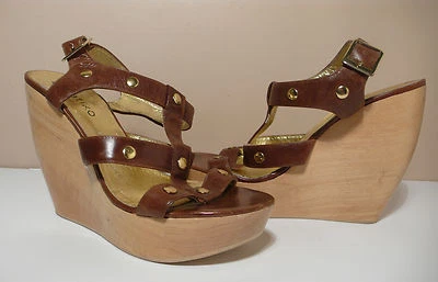 MATIKO "ASHLEY" Mujer Tachonado Cuero Marrón Plataforma Cuñas Talla 9.5  Foto 1 de 4