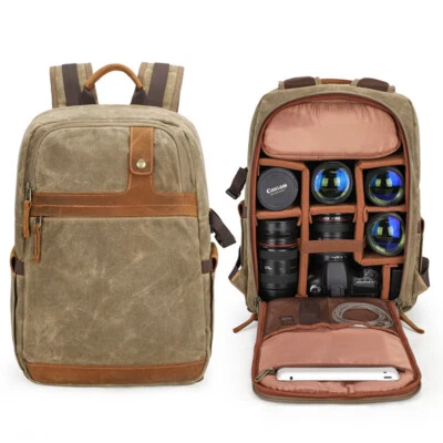 Vintage Waterproof Canvas DSLR SLR Camera Backpack Bag Case For Canon Nikon Sony - Image 1 of 4