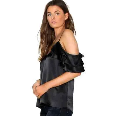 CAMI NYC ~ New! XS ~ Black 100% SILK Samantha Cold Choulder Ruffle Blouse c13 Foto 1 de 4