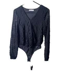 SO Women Black Bodysuit M Super Cute! Sheer Balloon Sleeves Crossover Front - Picture 1 of 5