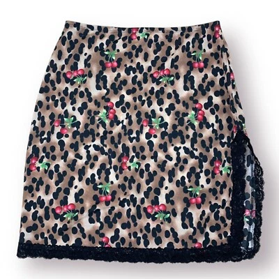 Y2k  XOXO Leopard Cherry Lace Mini Skirt Size L Rockabilly Trashy Jersey Snooki - Image 1 of 4