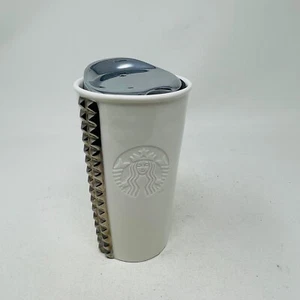 Starbucks Coffee Travel Mug Cup Studded Embossed Logo White Silver 2014 10 oz - Picture 1 of 13