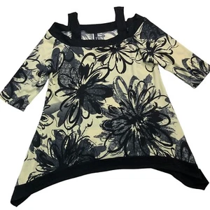 Curvesque Shirt High Low Strick schwarz creme Cold Shoulder 3/4 Ärmel Oberteil Gr. 2XL - Bild 1 von 9