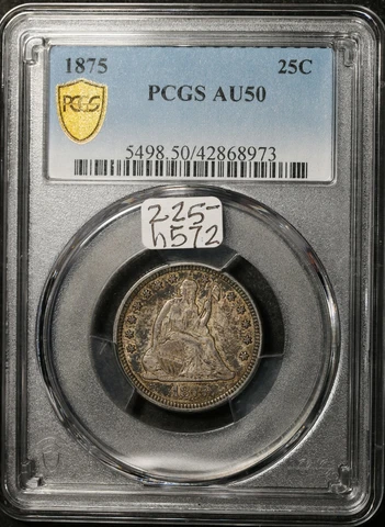 1875 Seated Liberty Quarter. Gold Shield.  In PCGS Holder.  AU50.  h572 Cover