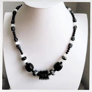 24" Handcrafted Snowflake Obsidian, Blackwood, Selenite, & Onyx Beaded Necklace - Picture 1 of 16