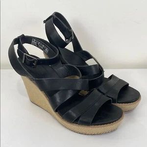 Timberland Women’s 8 Black Leather Wedge Sandal Ankle Wrap Platform Earthkeepers - Picture 1 of 12