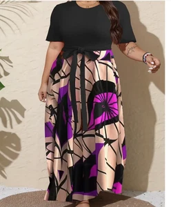 V-Neck Blue Black, peach, pink, purple Print Stretch Maxi Dress Size 24 4XL - Picture 1 of 19