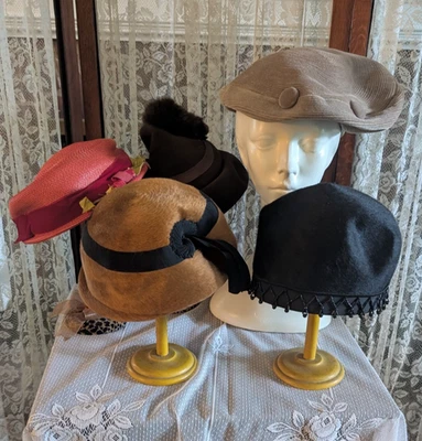 Vintage 50's 60's Hat Lot 2 Brigitte Italy Straw Wool Corduroy Flowers - Image 1 of 4