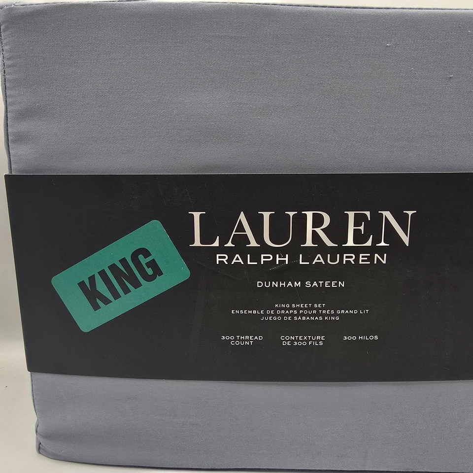 LAUREN Ralph Lauren King Size Mist Blue 100 Cotton Sheet Set Fits 18" Mattress