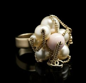 NEW Chanel Gold Ring Multiple Glass Pearls White Rose CC Metal Chains  2009/10