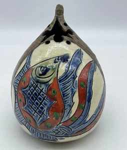Studio Art Pottery Abstract Fish Bud Vase Vessel Stoneware Painted Drip Glaze - Picture 1 of 9