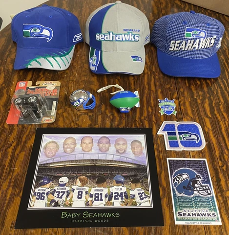 SEATTLE SEAHAWKS NFL RETRO HATS, MINI TRUCK, ORNAMENT, MINI POSTER & PATCH LOT! Cover