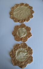 Three Piece 10" and 7"Vintage Round Doily,Yellow ,Cotton Center, Crocheted Edges