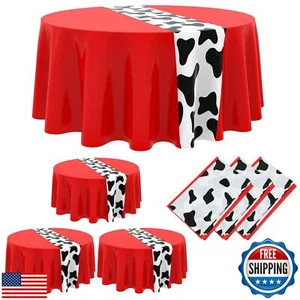 Moukeren Cow Print Tablecloth (Red, Round, 84 inches), 3 Pcs Set, Plastic, Wa - Picture 1 of 5