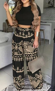 Two-piece Set,Short Sleeve Crop Top & High Waist Wide Leg Pants Outfit - Picture 1 of 7