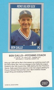 1990 California League Cards  # 287 Ben Gallo - Reno Silver Sox -- Box 190