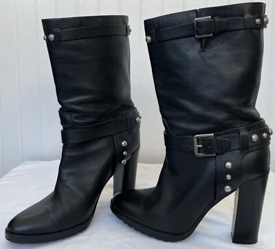 Polo Ralph Lauren Patrice Black Leather Moto Studded Buckle High Heel Boots 8.5 - Image 1 of 4