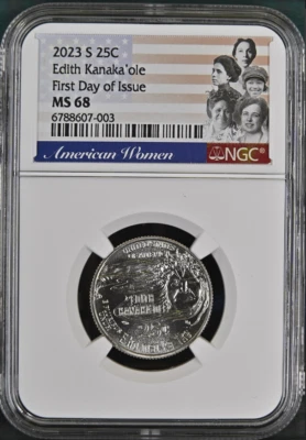 :2023-S 25C CLAD WASHINGTON AMERICAN WOMAN EDITH KANAKA'OLE NGC MS68 FDI RARE R5 - Image 1 of 2
