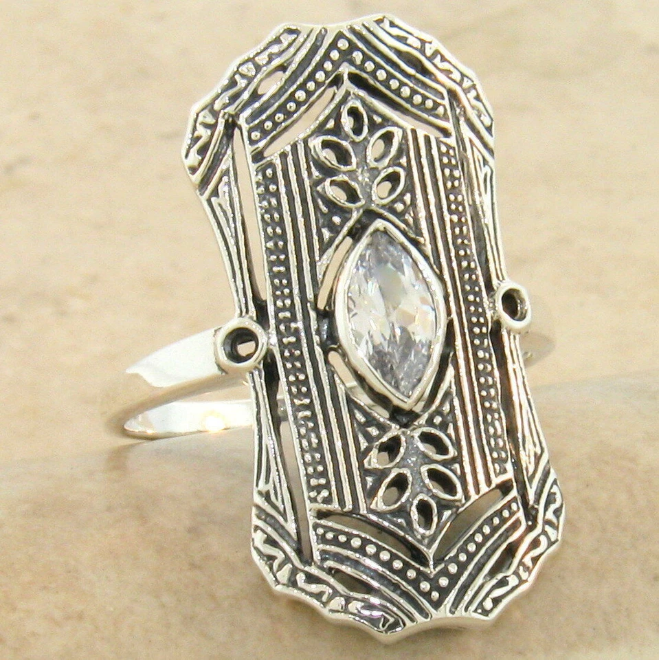 CLASSIC ART DECO STYLE 925 STERLING SILVER MARQUISE CZ RING                #1047 - Image 1 of 1