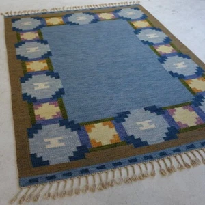 Vintage Blue Kilim Rug with Tribal Border – Handwoven Wool & cotton rug 9×12 - Picture 1 of 7
