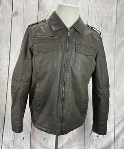 GUESS Men's Jacket Distressed Brown Faux Leather Fleece Lined Med Full Zip GC - Picture 1 of 15