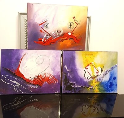 3x ORIGINAL Acryl-Bild Abstrakt Malerei Kunst Modern UNIKAT Lila-rot-blau-töne - Bild 1 von 4