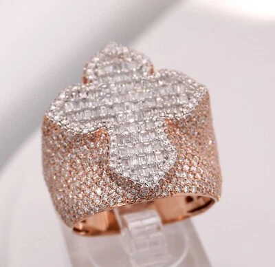 10K ROSE GOLD 3.8 CARAT NATURAL CROSS DIAMOND CROSS MENS HIP HOP PINKY RING - Image 1 of 4