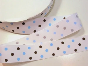 White Blue Brown Polka Dot Grosgrain Ribbon 1 1/2" wide x 6 yards Schiff B46 - Picture 1 of 4