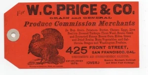 Etiqueta publicitaria de la década de 1890 con Turquía W.C. Comisión de precios comerciantes San Francisco - Imagen 1 de 2