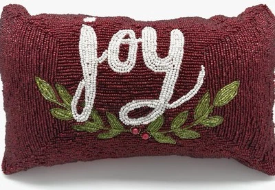 Almohada Roja Completamente Cuentas Frontal Joy & Holly Hojas Satinado Trasero Vacaciones Navidad 14x9x5 Foto 1 de 4
