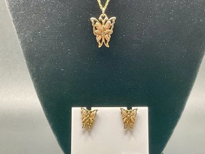 Black Hills Gold 10k Butterfly Pendent Necklace Matching Stud Earrings Set 18" - Image 1 of 4