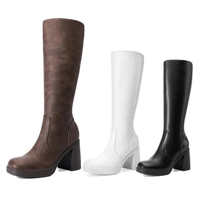 Women Chunky Block Heel Platform Gogo Boots Square Toe Zip Up Knee High Boots - Image 1 of 4
