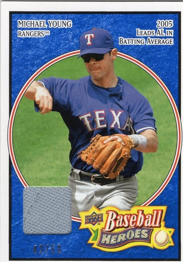 Michael Young relic jersey patch baseball card 2008 Upper Deck Heroes #167 LE 42 - Image 1 of 1