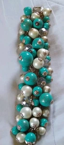 Vintage 6" Faux Turquoise Plastic and Faceted Glass Bracelet. - Picture 1 of 17