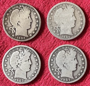 (4) Mezzi dollari da barbiere (2) 1904 O&P & (2) 1907-O Old American 90% argento - Foto 1 di 2