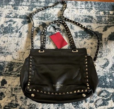Valentino Rockstud Leather Crossbody Tote Handbag Purse Black Metallic Studs - Image 1 of 4