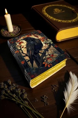 Raven Leather Journal Gothic Spell book Grimoire Vintage Notebook Dark Gift - Image 1 of 4