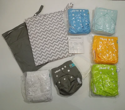 ALVABABY ALVA BABY CLOTH DIAPERS ADJUSTABLE WASHABLE 6 PK W/INSERTS NEW W/DEFECT - Image 1 of 4