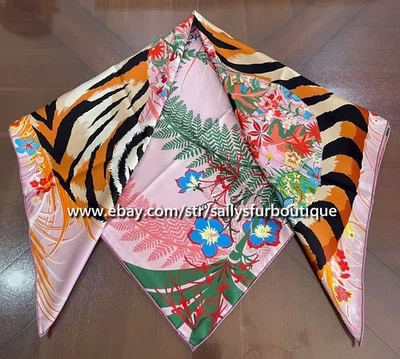 Sallys Heavy 18 Momme Twill Silk Wrap Scarf Tiger Print Double Face Shawl 35" - Image 1 of 4