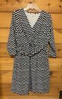 Talbots Dress Womens Size X Blue White Chevron Faux Wrap Belted Long Sleeves
