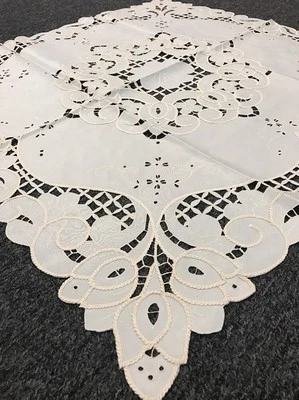 Beige Ivory Embroidered Cotton Polyester 51x51" Embroidery Square Tablecloth - Image 1 of 4