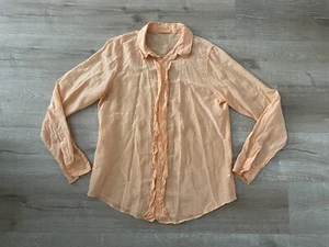 CP Shades Solid Ruffle Coral Cotton Silk Button Up Down Long Sleeve Shirt Small - Picture 1 of 7