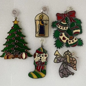 5 Vintage Plastic Faux Stained Glass Christmas Ornament Sun Catcher Lot - Picture 1 of 6