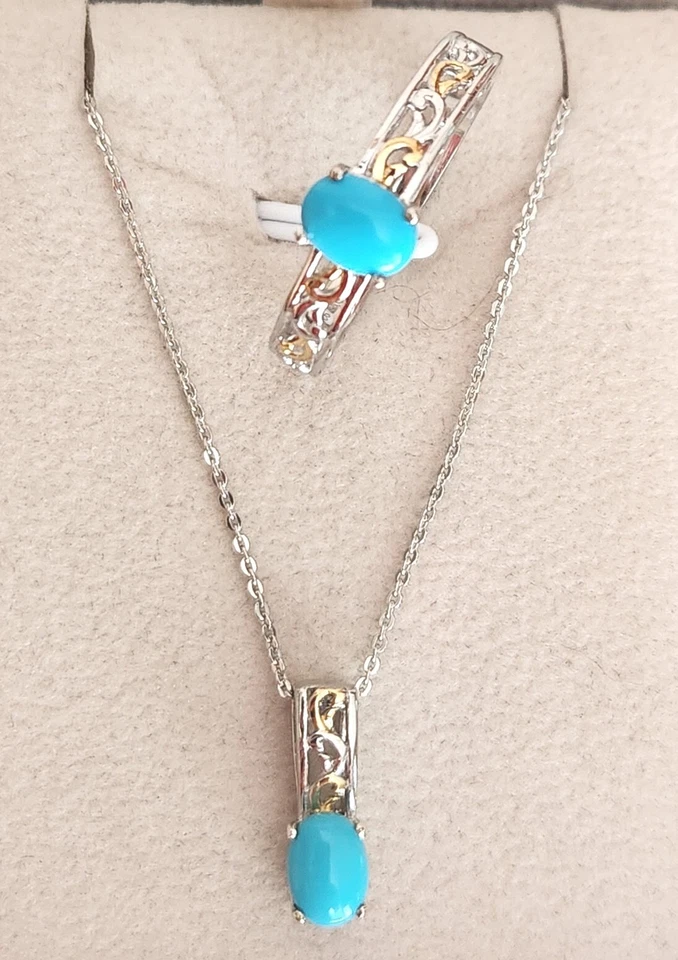 Anillo y collar turquesa de la Bella Durmiente en platino con detalles de oro de ley talla 9 Foto 1 de 4