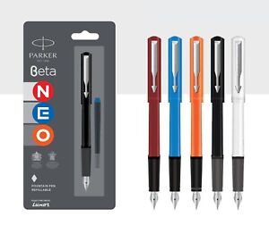 New Parker Beta Neo Fountain Pen Chrome Trim CT Assorted Body Color, Blue Ink